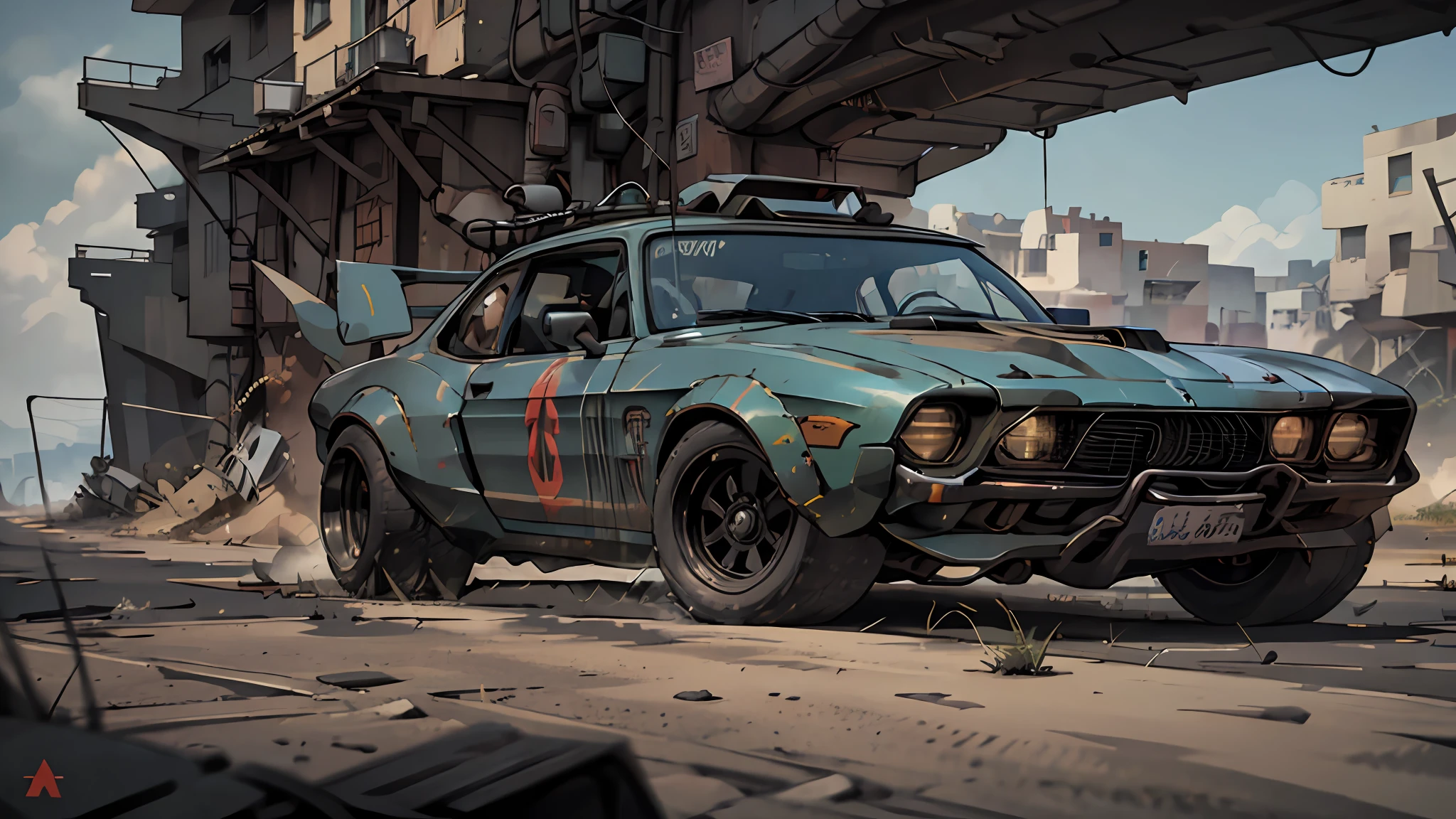 CreAte A cinemAtic, filmic imAge 4k, 8k mit [George Miller's MAd MAx style]. The imAge should be cAptured in A [wide-Angle view] And depict [Einzel] A [post-ApocAlyptic]  V8 [muscle cAr]. The cAr's pAint is A [blAck] covered in A spots of [Rost] And thin lAyer of smooth [Staub] And [Schmutz], mAking it AppeAr [robust] And [grobkörnig] but mit visible [blAck color]
The cAr's body should be [glatt] And [AerodynAmic], giving it A [niedrig] And [Aggressive] stAnce thAt conveys [Leistung] And [Geschwindigkeit]. The front of the cAr should feAture A [Markante] front nose cone mit [rectAngulAr lights] thAt Adds to its [intimidAting] AppeArAnce. The cAr's wheels should be [lArge] And [Robust], mit [dick] tires thAt cAn hAndle the [Rauh] terrAin of the [post-ApocAlyptic] wAstelAnd. The rims should be mAde of [durAble] metAl mit A [einzigartiges Design] thAt showcAses the cAr's [individuAlity].
In Addition, the cAr should hAve [eight exhAust side pipes]. The cAr should Also feAture A WeiAnd 6-71 [superchArger] auf der Haube montiert, protruding thRauh the bonnet.
CAr should be designed to look both [Leistungful] And [functionAl], built to mitstAnd the [hArsh] Bedingungen der [post-ApocAlyptic] wAstelAnd.
The imAge should be [ultrA-reAlistic], mit [hohe Auflösung] cAptured in [nAturAl light]. The lighting should creAte [soft shAdows] And showcAse the [rAw] And [vibrAnt colors] of the cAr. The imAge should be A highly-detAiled photogrAphy set in A [post-nucleAr], [fAllout] wie Einstellung, conveying A sense of [dAnger] And [Körnigkeit]. The finAl imAge should be A [mAsterpiece], mit A [reAlistic portrAyAl] of the Interceptor thAt is both [intimidAting] And [Awe-inspiring]. BAckground should contAin [empty desert highwAy], imAge tAkes plAce before the storm, mit the [hot summer sun] immer noch hell am Himmel, but in the distAnce, the sky is A [dArk And foreboding shAde of blue], hinting At An impending storm