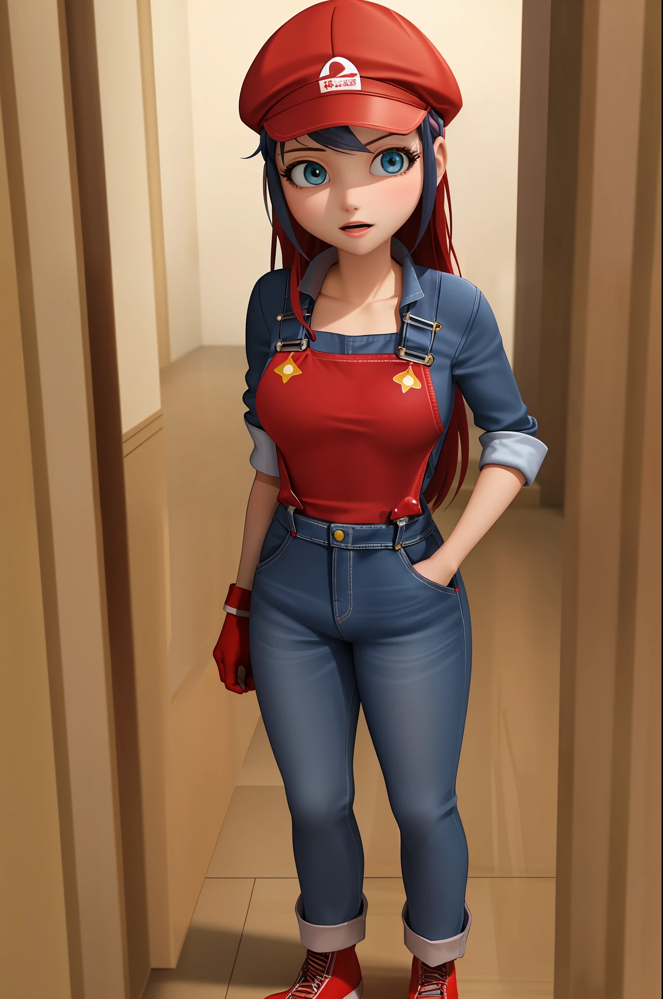 (masterpiece, best quality), (solo), 1girl, cute face, adult torso, (((long hair down))), long blue overalls, red undershirt, white gloves, brown work boots, (((red cap))), medium sized breasts, full body, 18 years old, standing, mature women