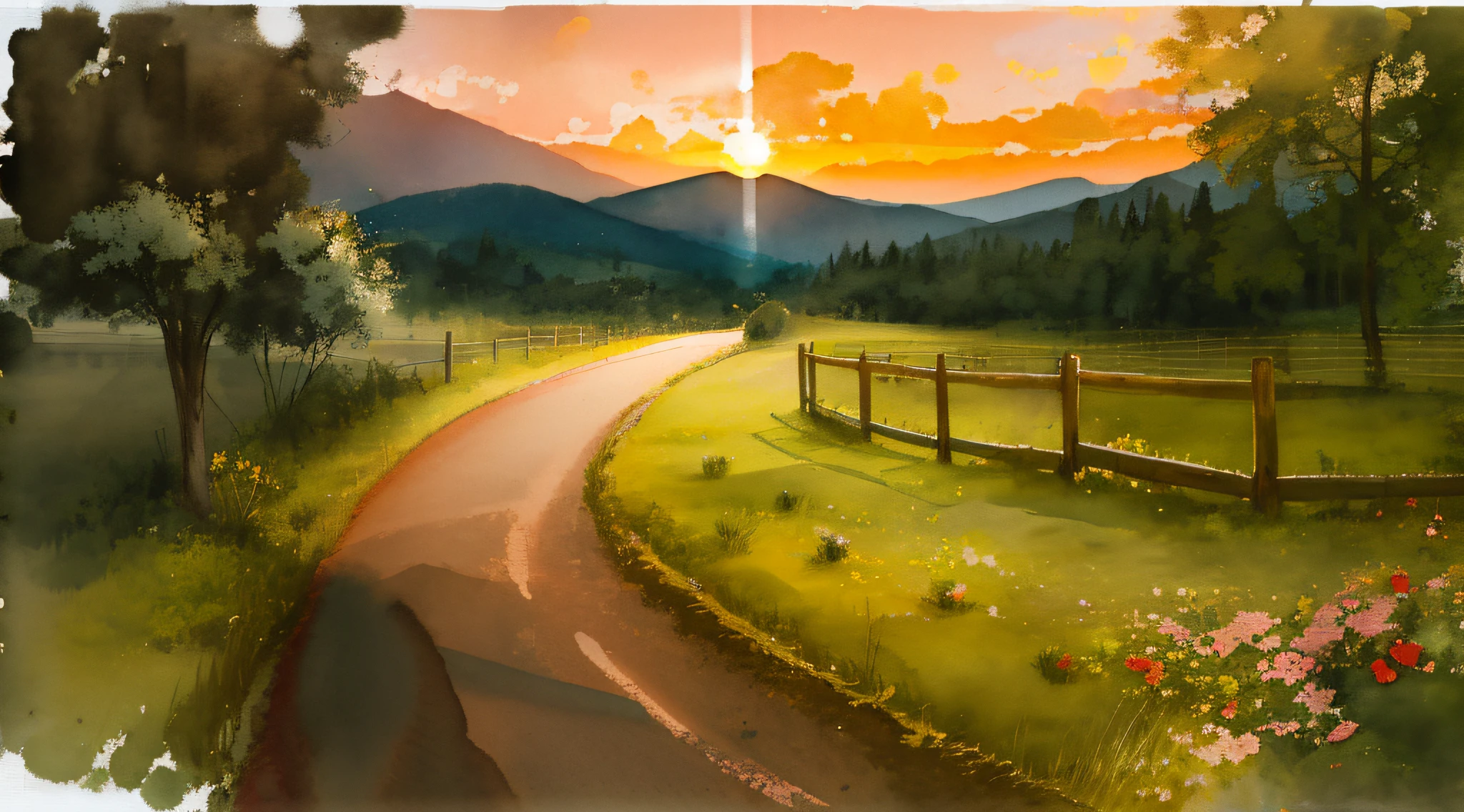 繪畫, 一匹黑馬在山脈之間走向日落的圖像, 有一條通往日落的黏土路, 綠色和開花的田野, 水彩