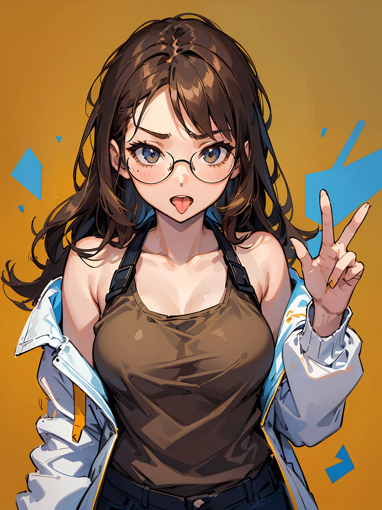 (((1girl))), hands up, brown long hair, tank-top, jacket, open shoulder, cowboy shot, bikini, glasses, medium breast, yellow background, open mouth, stick out her tongue out at viewers, flushed,