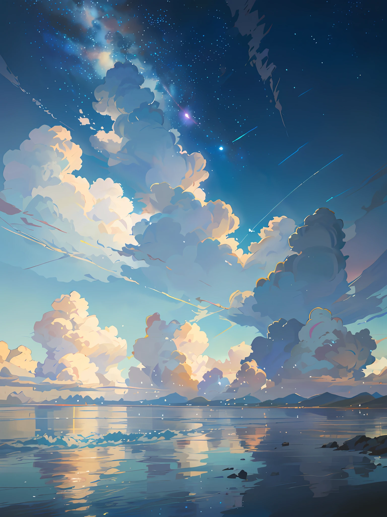 Há uma imagem do céu com nuvens e estrelas, céu espacial. By makoto shinkai, Céu de anime, Nuvens de anime, mar azul. makoto shinkai, makoto shinkai's style, makoto shinkai's style, O Tran. Inspirado no cenário panorâmico, makoto shinkai, makoto shinkai. -H 2160, verão, makoto shinkai concept art, tumblr, realismo mágico, linda cena de anime, céu bonito. makoto shinkai, ((Xin Haicheng)), fundo de anime art, fundo de anime, makoto shinkai's style, fundo de filme de anime, expresso da galáxia, nenhum humano