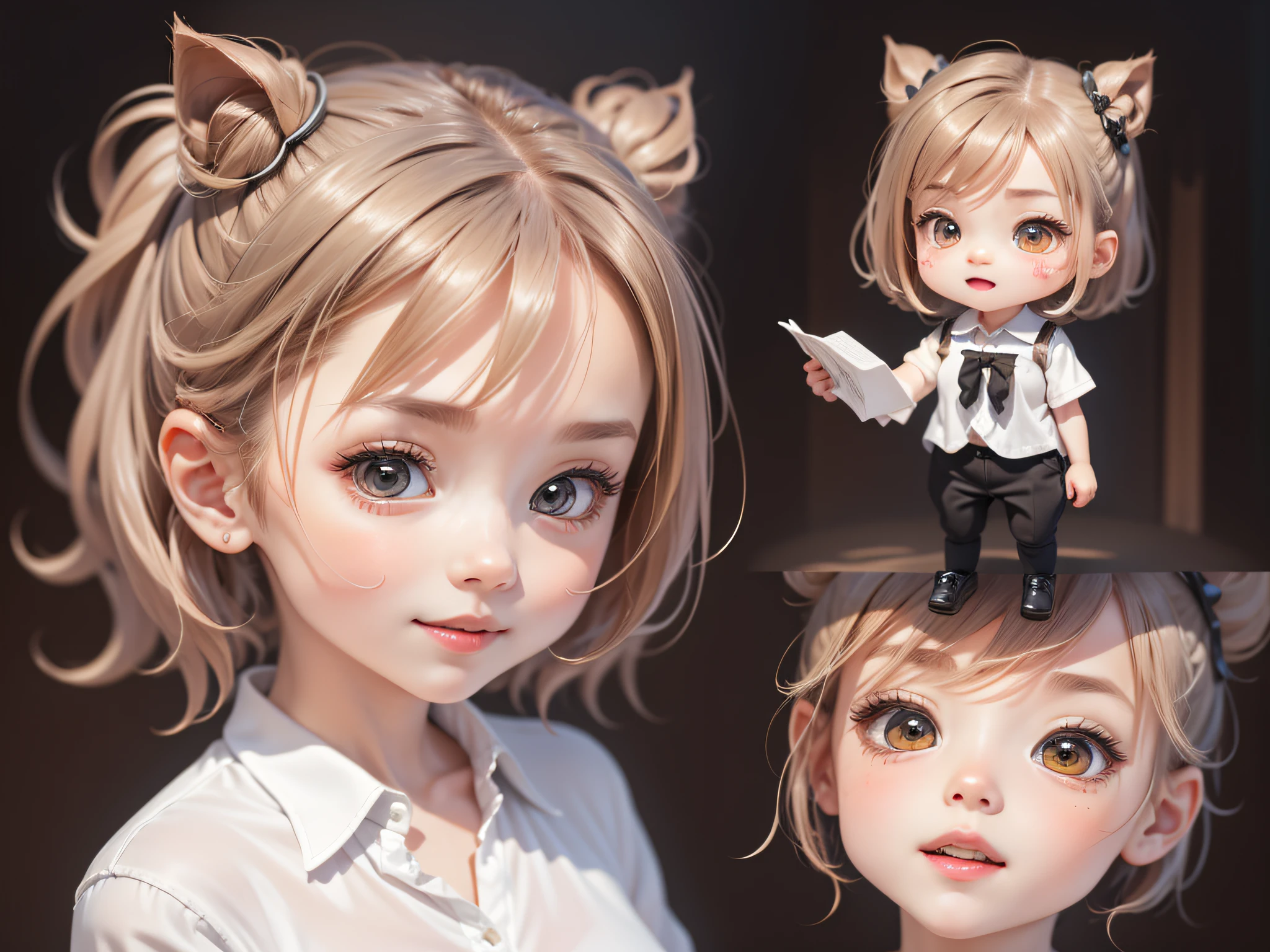 Very charming girl enjoying work, chibi character, illustration in high resolution in 4K resolution, highly detailed facial features and cartoonish visuals, white shirt, black pants --auto --s2