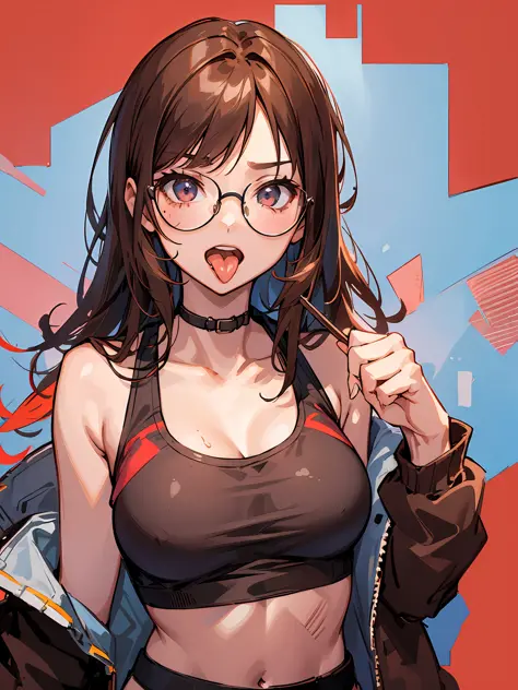 (((1girl))), hands up, brown long hair, tank-top, jacket, open shoulder, cowboy shot, bikini, glasses, medium breast, red backgr...