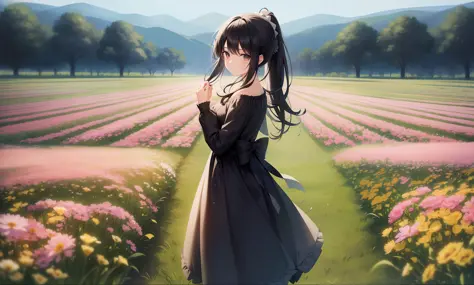 (normal quality, delicate and beautiful), black girl, black hair (hair:black hair:1.1), ponytail, in a field of flowers (landscape:field of flowers:1.3), summer dress.