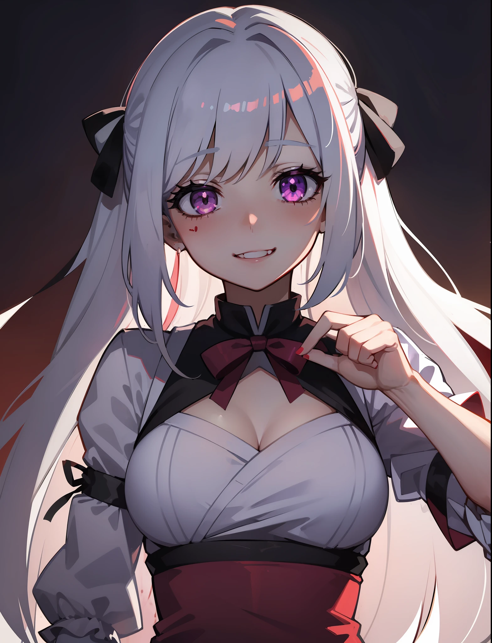 1 chica, (yandere:1.4), (trance yandere:1.4), loco, ((sangre en la cara)), contraluz, mirando al espectador, pelo blanco, ojos morados, rubor, sonrisa, simulador de yandere, ojos brillantes, evil sonrisa, (cara sombreada:1.2),