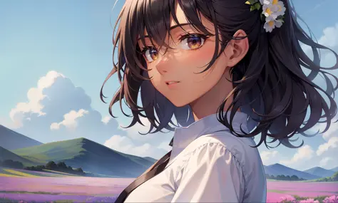 (normal quality, delicate and beautiful), girl, (dark skin), black hair (hair:black hair:1.1), ponytail, in a field of flowers (landscape:field of flowers:1.3), clothing:summer clothing