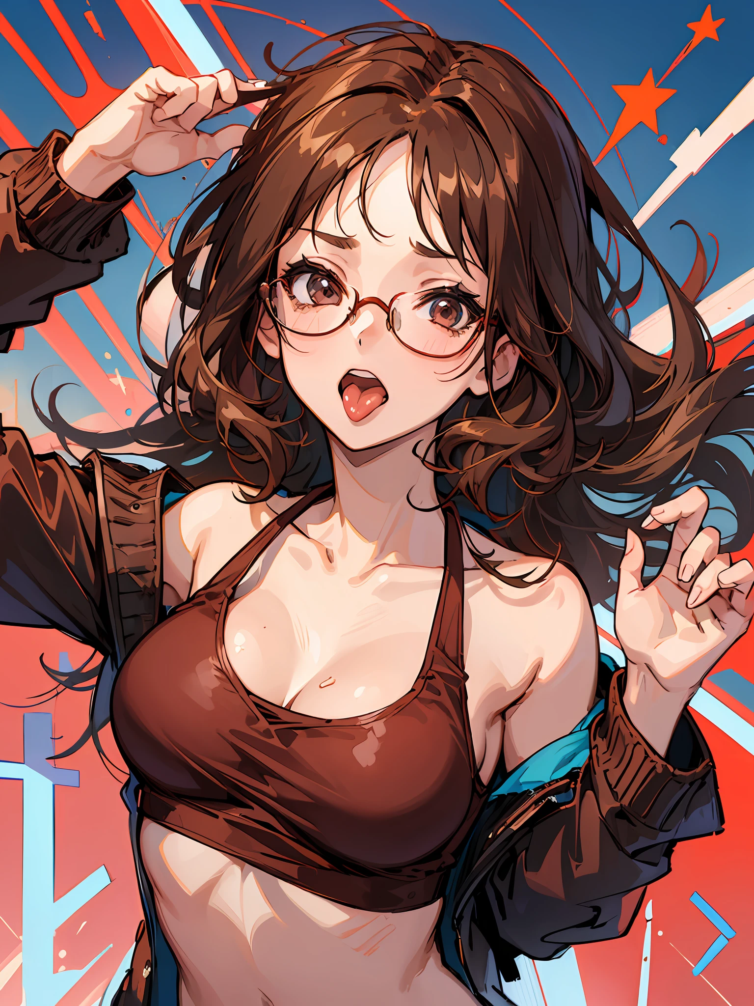 (((1girl))), hands up, brown long hair, tank-top, jacket, open shoulder, cowboy shot, bikini, glasses, medium breast, red background, open mouth, stick out her tongue out at viewers, flushed,