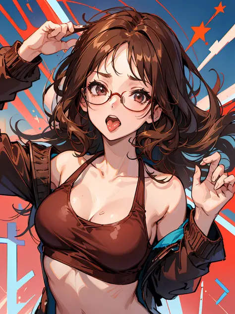 (((1girl))), hands up, brown long hair, tank-top, jacket, open shoulder, cowboy shot, bikini, glasses, medium breast, red backgr...