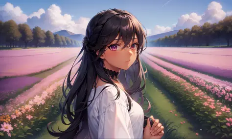 (normal quality, delicate and beautiful), girl, (dark skin), black hair (hair:black hair:1.1), ponytail, in a field of flowers (landscape:field of flowers:1.3), clothing:summer clothing