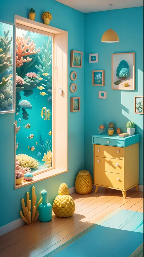 Underwater SpongeBob SquarePants Pineapple House, simple ocean underwater, fresh, summer, lively sparkling, simple picture, fresh color, bright picture, there is a cute small room, a small number of coral reefs, simple and clean picture, advertising art, p...