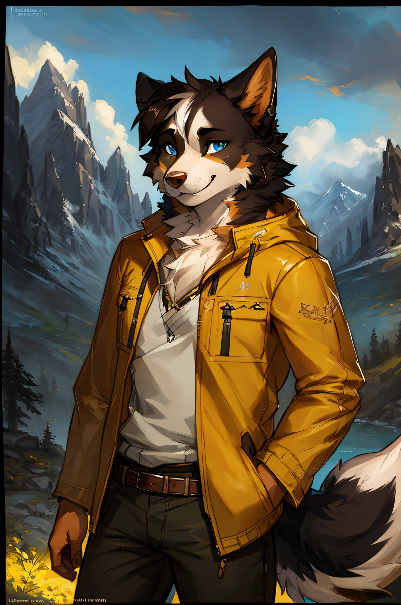 a beautiful and detailed portrait of a male anthro border collie , kenket, Ross Tran, ruan jia, trend in artstation, foxovh, stage lighting, yellow jacket, (((confident, ))) smile Forest, mountains, clouds, distant river, blue eyes, brown fur,