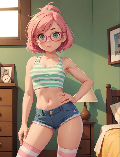 1girl, small breasts, small hips, green eyes, pink hair, crop top, denim shorts, bedroom, striped thighhighs,,pervert, petite, g...