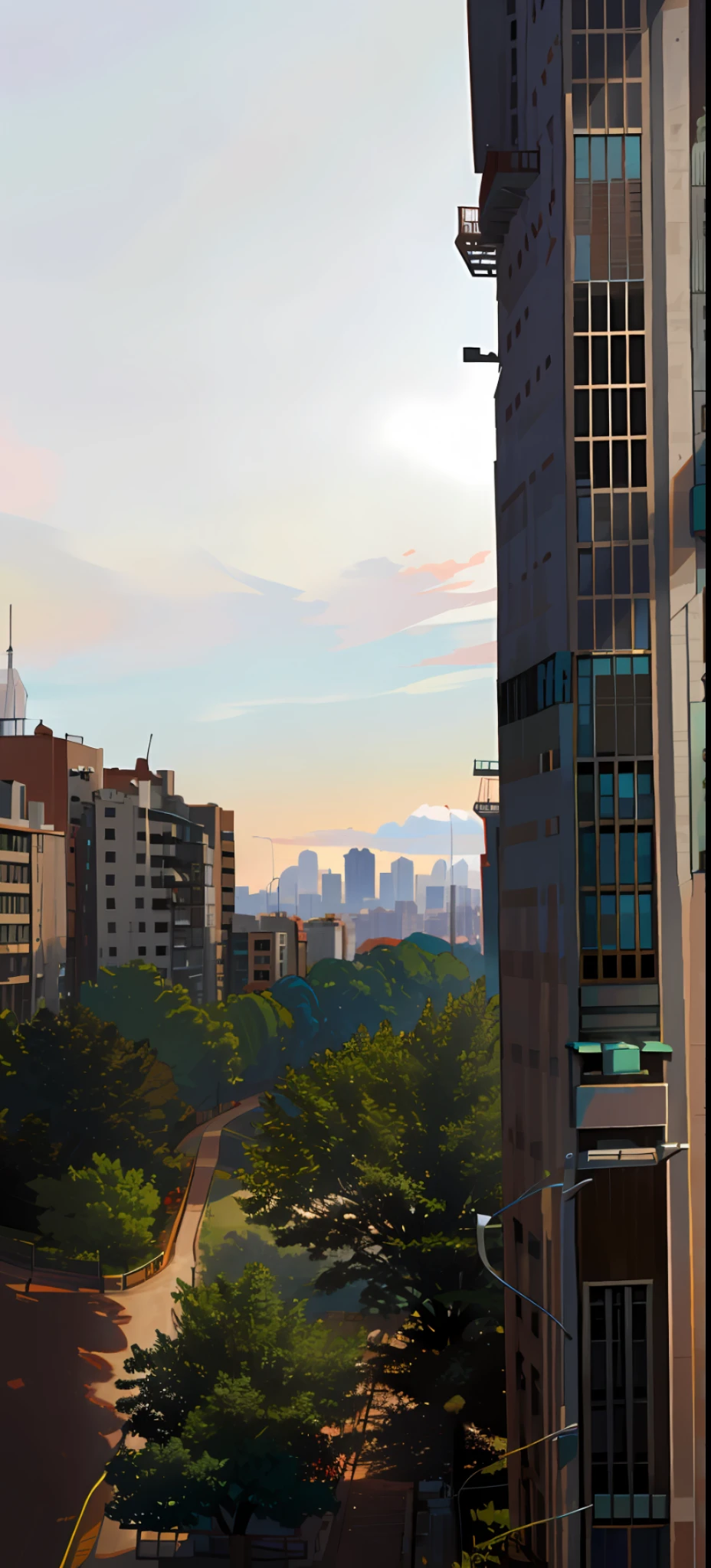 The city can be seen from a high-rise building, the morning sun, the cityscape in the distance, the buildings in the distance, the skyscrapers in the distance, the view in the distance, the buildings in the distance, the skyline in the distance, from the distance, from behind, 8 K.