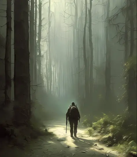 (masterpiece) high detailed raw, a post apocalyptic man with a backpack is walking through a dark alley way in a forest with tal...