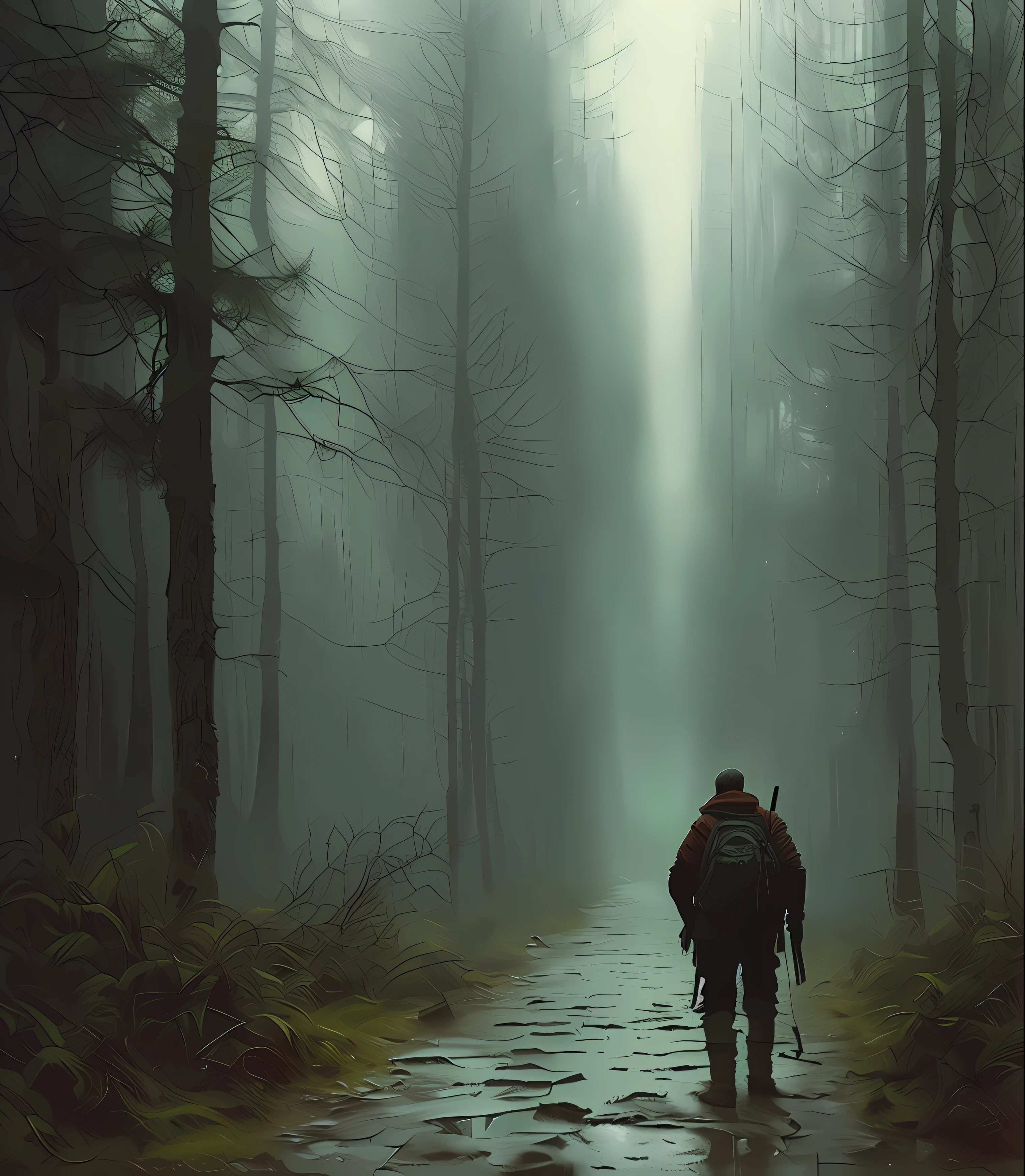 (masterpiece) high detailed RAW, a post apocalyptic man with a backpack is walking through a dark alley way in a forest with tall buildings and trees , hassanfantasy style , by Jeremy Mann and Donato Giancola ultra realistic highly detailed intricate photorealistic