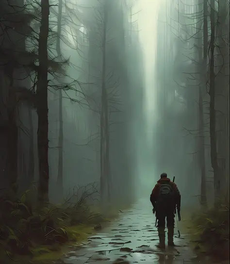 (masterpiece) high detailed raw, a post apocalyptic man with a backpack is walking through a dark alley way in a forest with tal...