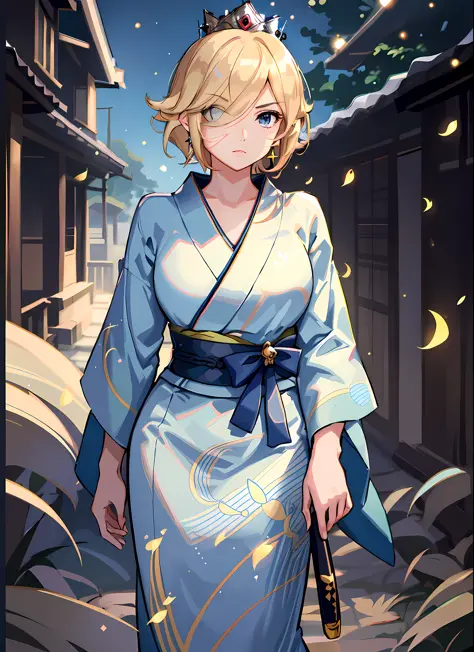 cream-colored hair, mean, scowl, short hair, blue eyes, wearing a kimono, holding a sheathed katana, kimono, five fingers, rosal...