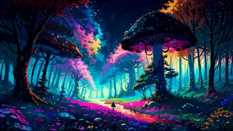 More trees, a small lake in the middle, surrounded by various colorful mushrooms, dreamy style, colorful