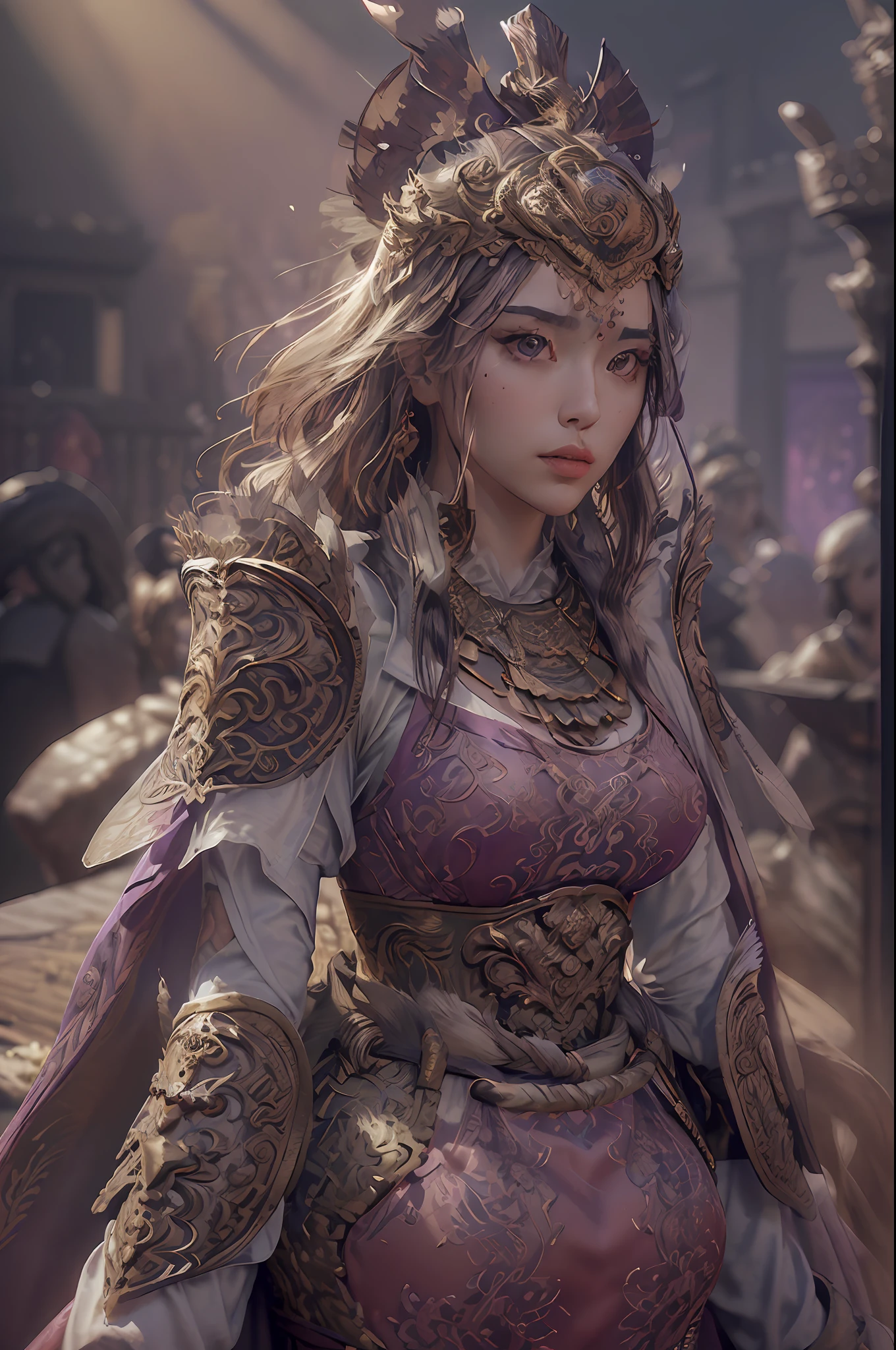 ((masterpiece))), (((best quality))), ((ultra-detailed)), (hyperrealistic), (highly detailed CG illustration), cinematic light, photorealistic ,extremely beautiful young lady, (beautiful face and lips), light makeup, big breast,  intricate purple eaba, purple cape, spear, trending on artstation.