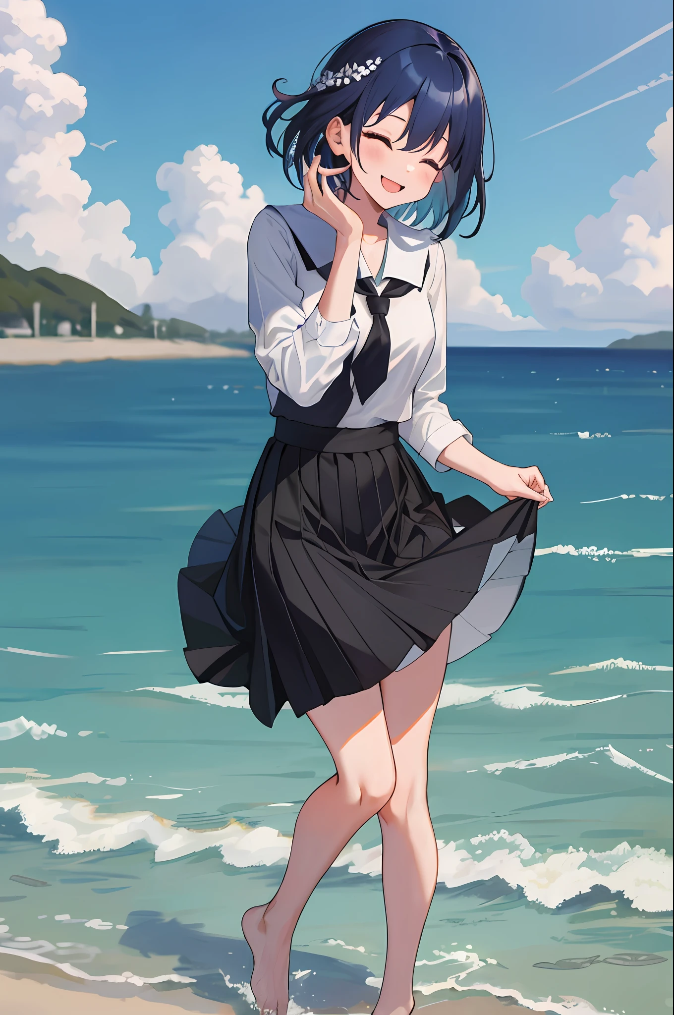 Masterpiece, Best Quality, Hi-Res, 1 Girl, Solo, Big, Dark Blue Hair, Short Hair, Dark Blue Eyes, Bangs, Hair Between Eyes, Long Sleeves, Tie, , Pleated Skirt, Juliet Sleeves, Black Thighs, White Shirt, Barefoot, Full Body, (Skirt Lift: 1.3), Sea, Beach, Sky, Clouds, Sweat, Look at Viewer,Smile, Close Your Eyes