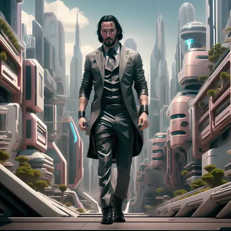 keanu reeves, cyberpunk, john wick, 12k, realistic, full body, with a pistol at the waist, futuristic city, purple tones, americ...