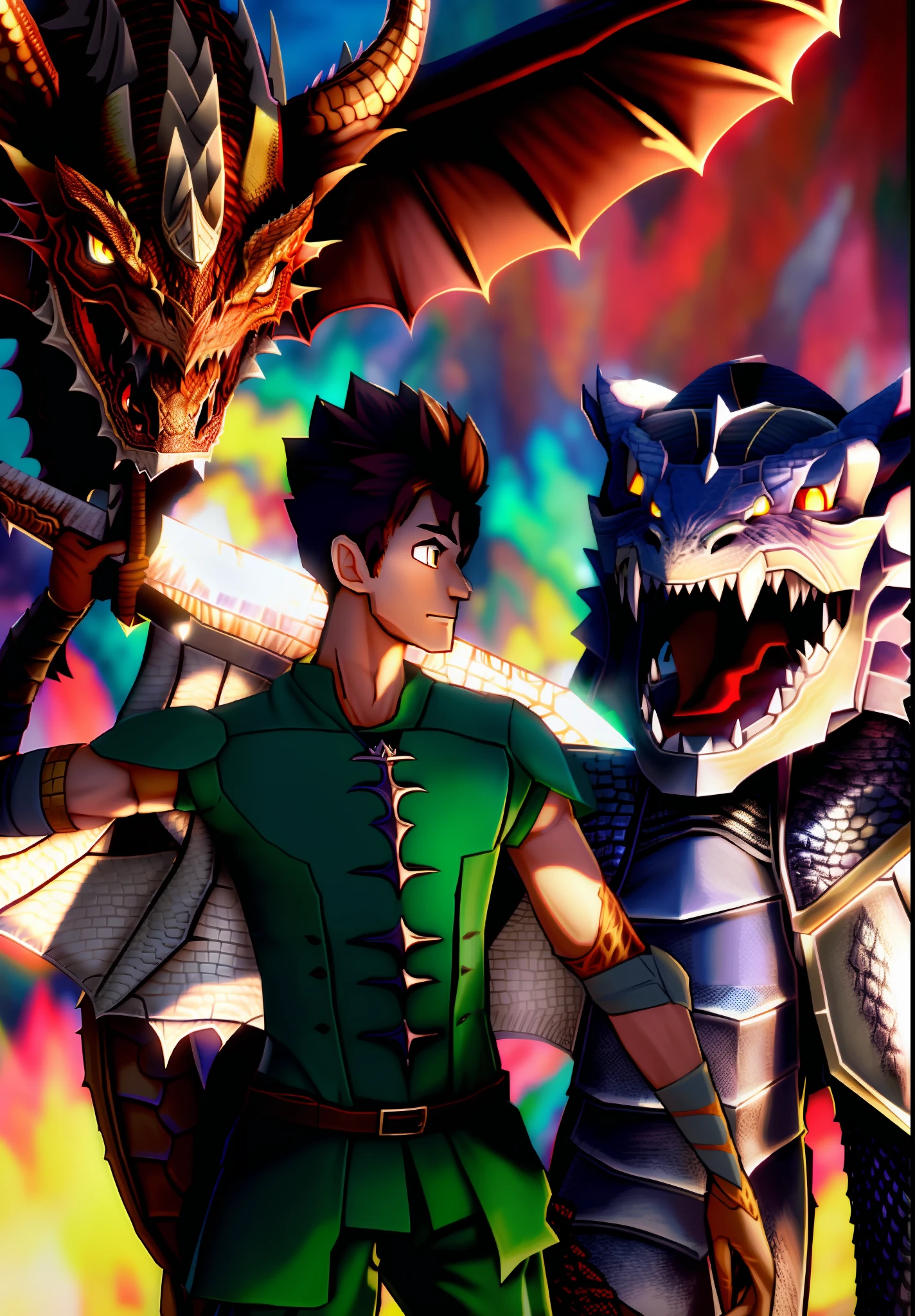 There is a cartoon of a man holding a sword and a dragon, battle with dragon, fighting a dragon, with scaly-looking armor, draconian-looking armor, dragon in the background, like a badass monster hunter, dragon knight, dragon! man, fire battle coloring, dragon slayer, dragon inspired armor