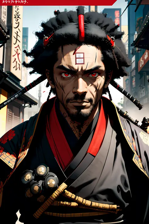 1 black samurai, 1 man, afrosamurai, black hair, cyberpunk, street style, streets of tokyo, bright, with black skin, red eyes, l...