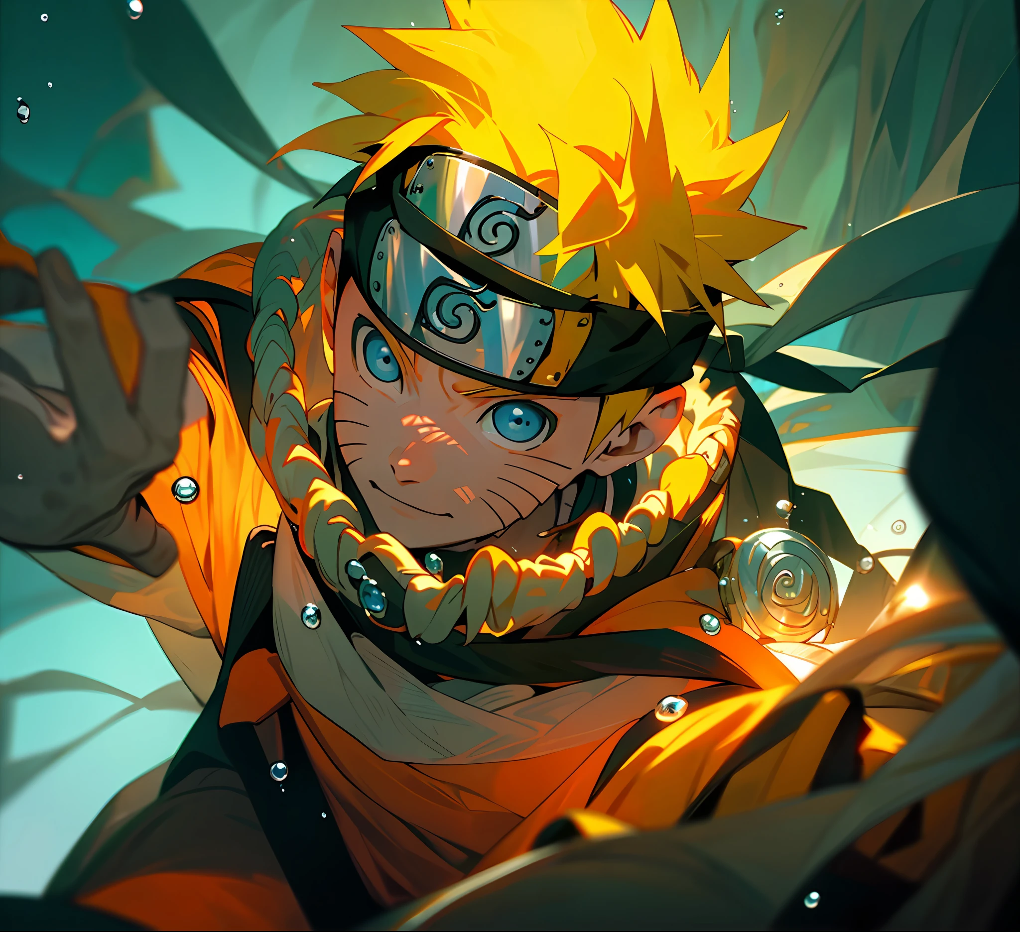 Naruto Uzumaki, 1 menino, foco masculino, obra de arte, melhor qualidade, (Retrato, fechar-se), olhando para o espectador, sombras e luz, primeiro plano desfocado, Símbolo da Academia de Konoha, interior, gotas de água, olhos azuis, na cama, Sorriso suave e leve