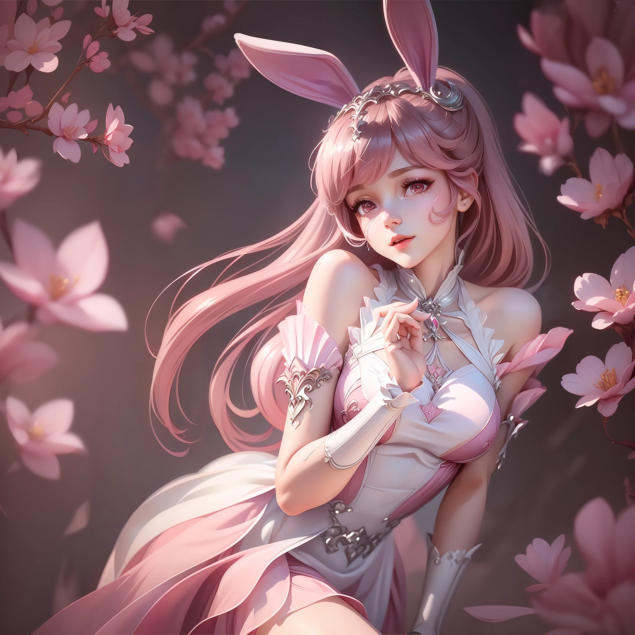 (Coefficient: 1.2) (fresh and elegant painting style + clear and delicate picture quality), (girl + petite figure + brown eyes + cute and charming rabbit ears + pink chiffon dress + elegant and aesthetic temperament + youthful vitality + slightly pink hair + soft and warm), (exquisite beauty + clear facial features)