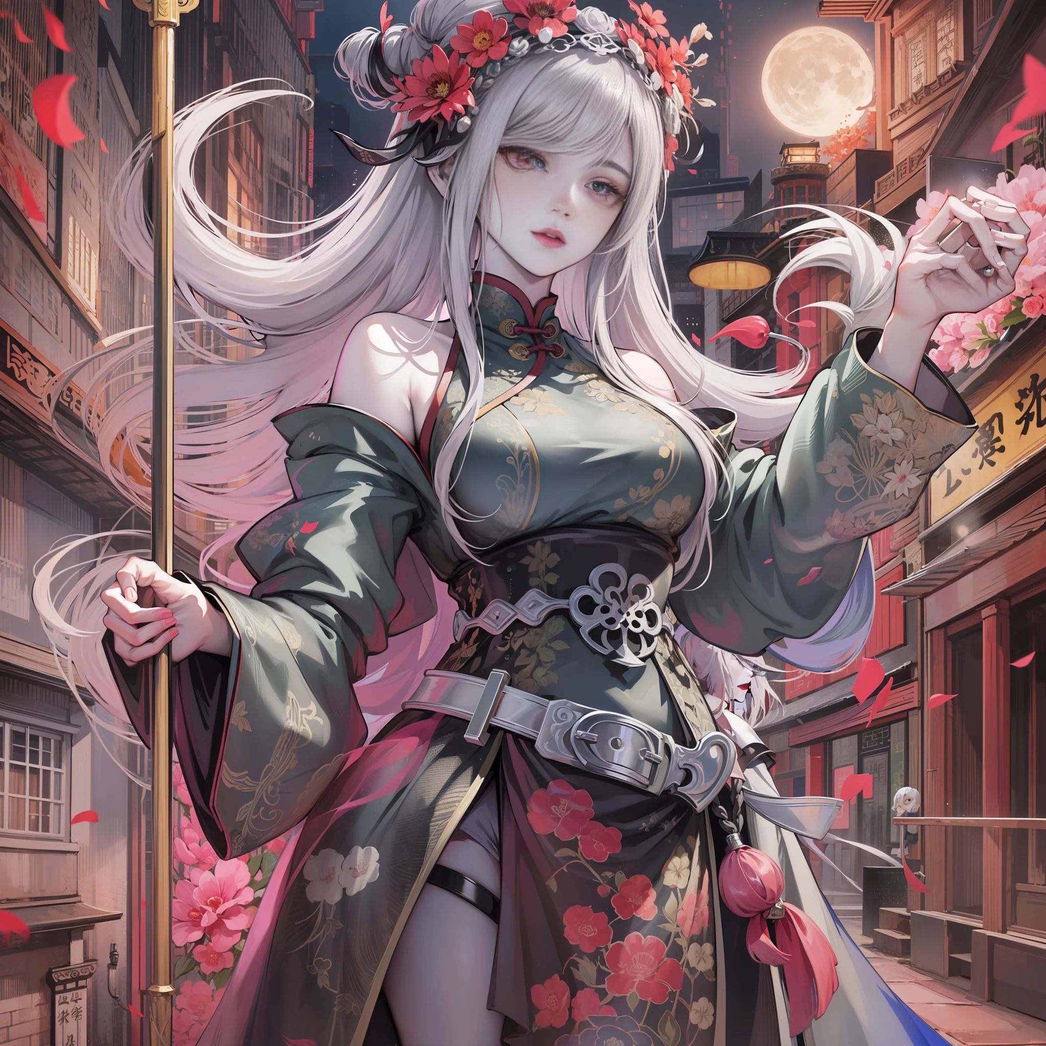 Masterpiece, Best, Night, Full Moon, 1 Female, Mature Woman, Chinese Style, Ancient China, Elder Sister, Royal Sister, Cold Face, Expressionless, Silver White Long Haired Woman, Pale Pink Lips, Calm, Intellectual, Three Belts, Gray Hitomi, assassin, dagger, flower ball background, street view