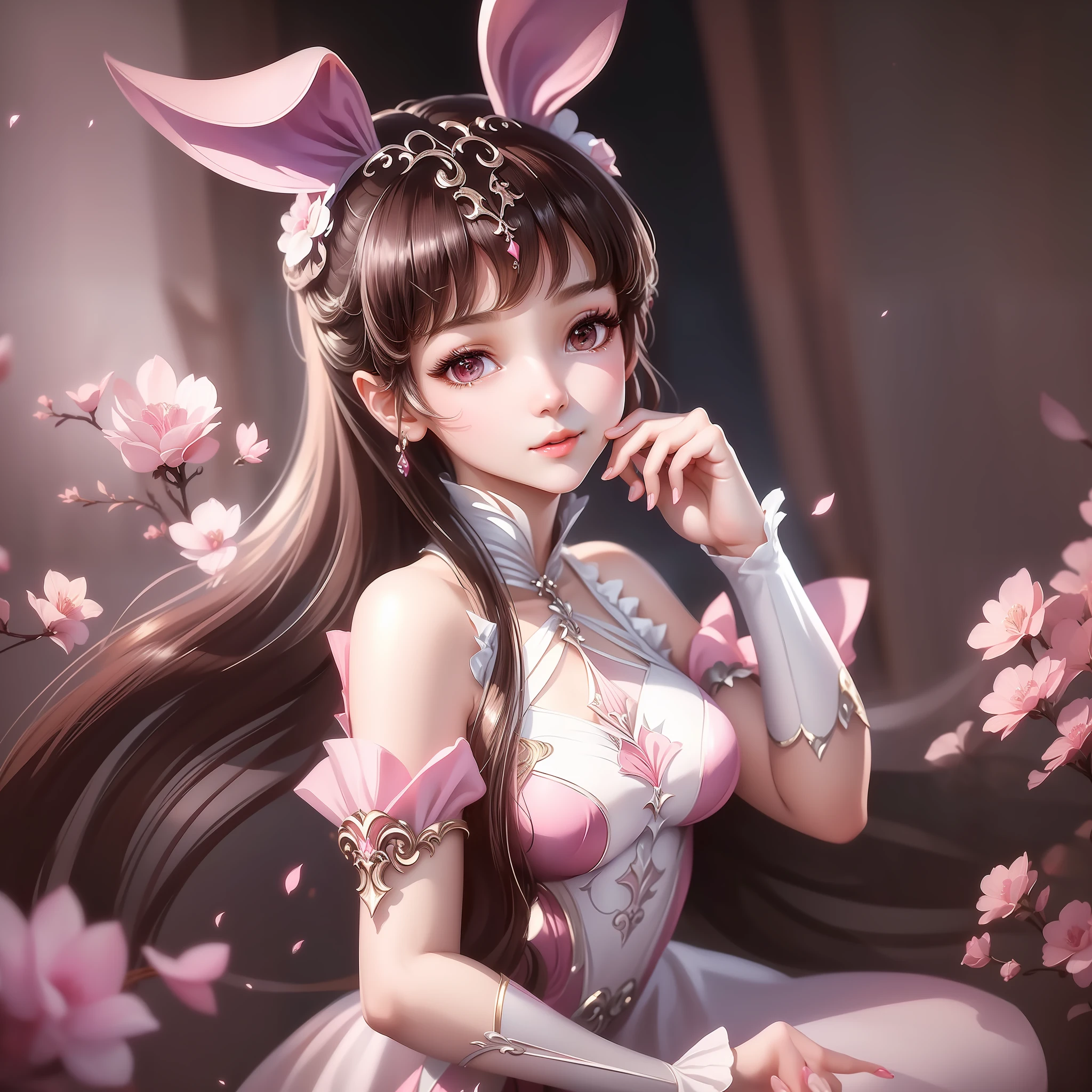 (coefficient 1.2) (fresh and elegant painting style + clear and delicate picture quality), the beautiful girl is petite, brown eyes shine with charming light, wearing rabbit ears, wearing a pink chiffon dress, elegant and aesthetic temperament exudes youthful vitality, soft and warm. The facial features are delicate and the beauty is outstanding.