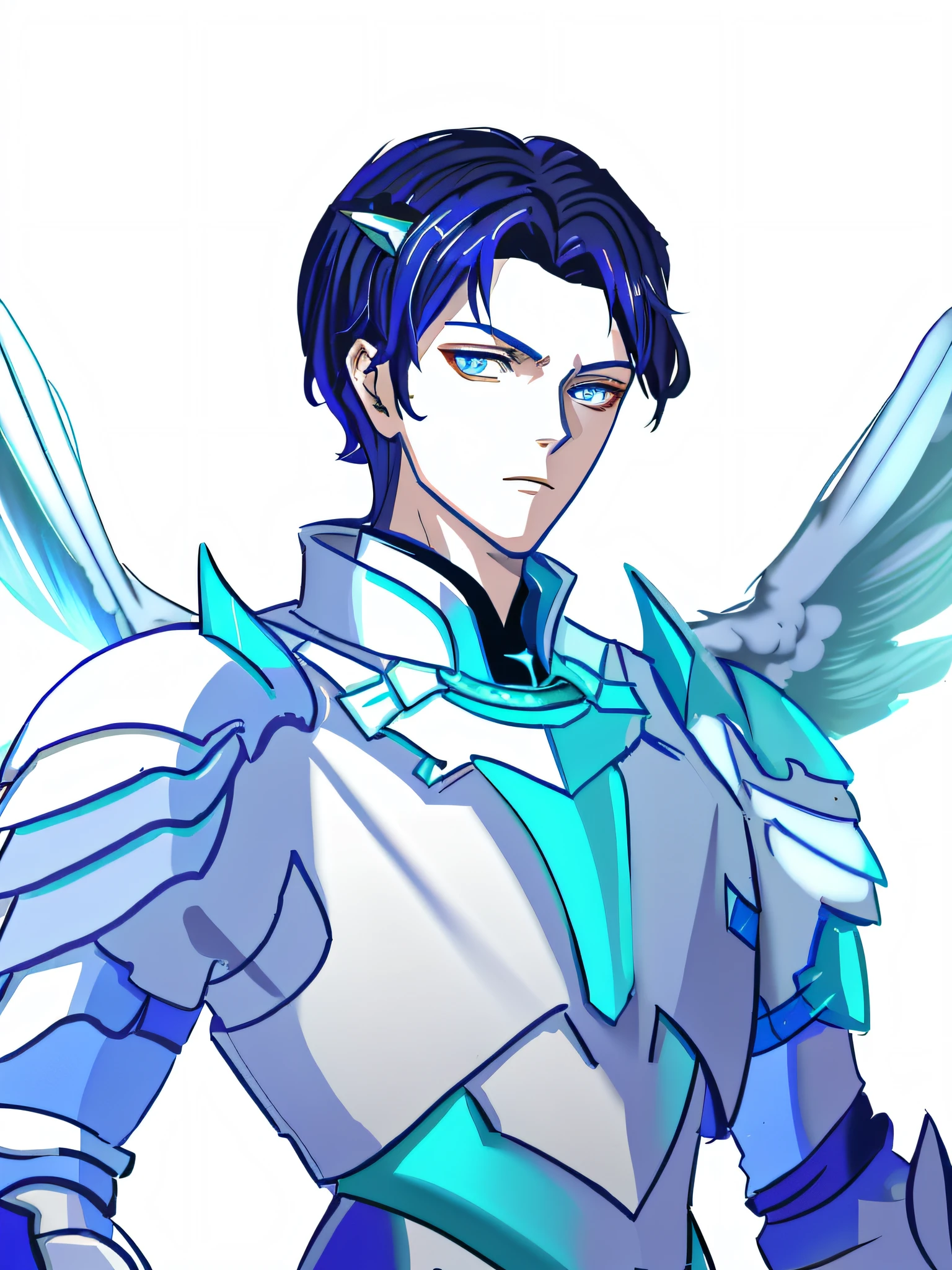 anime character with wings and a blue collar, a human male paladin, lance, pale blue armor, young wan angel, character art closeup, archangel, winged boy, handsome guy in demon slayer art, beautiful androgynous prince, delicate androgynous prince, arsen lupin as a paladin, official character art, hero 2 d fanart artsation