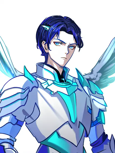 anime character with wings and a blue collar, a human male paladin, lance, pale blue armor, young wan angel, character art closeup, archangel, winged boy, handsome guy in demon slayer art, beautiful androgynous prince, delicate androgynous prince, arsen lu...