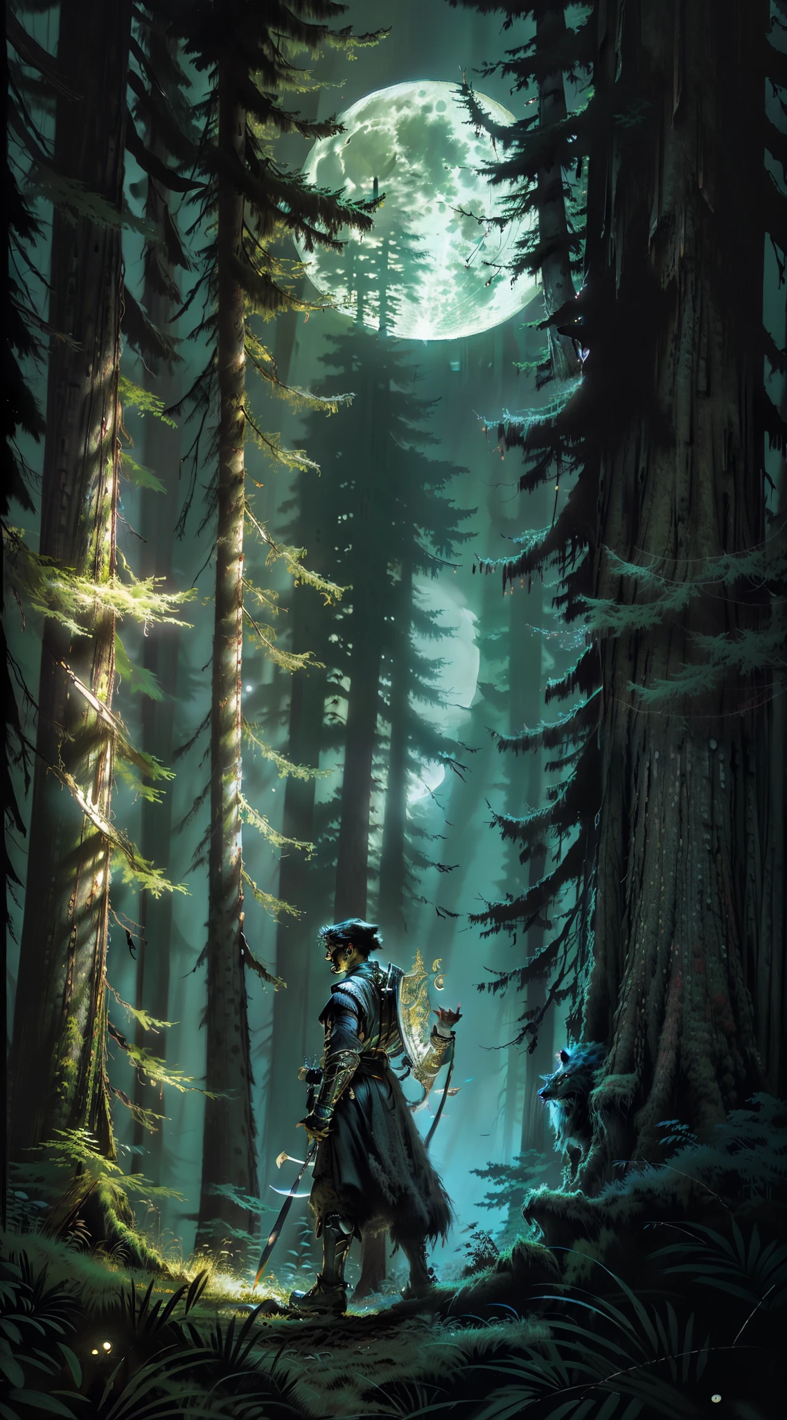 (Photorealistic high resolution image) Hunter of the nocturnal forest, full moon in the background, (scenery of dangerous forest, tall trees, sneaky animal watching) "Man hunter of "shield and sword", dressed as a warrior.