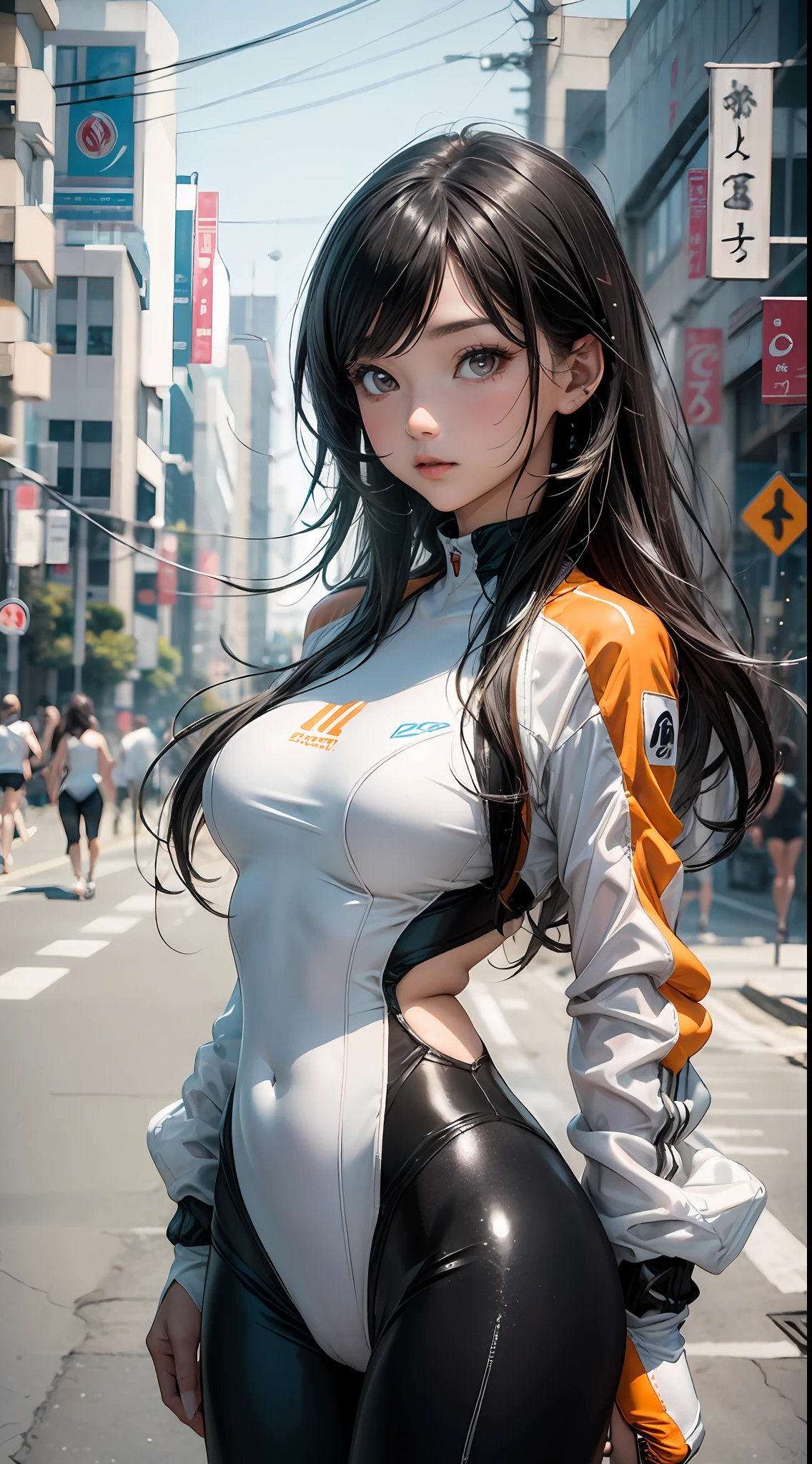 1穿著白色黏性泳衣的美麗年輕女子 (骆驼趾) 橙色科技服裝夾克, 黑色長髮, 明亮的眼睛, 輪廓分明且感性的身體, 性感的姿勢; 背景中模糊的東京街道