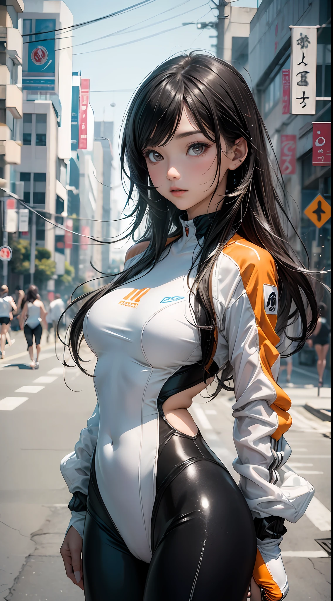 1Hermosa joven con traje de baño blanco pegajoso (cameltoe) orange techwear jacket, pelo largo y negro, ojos chispeantes, cuerpo bien definido y sensual, pose sexy; La calle Tokio borrosa al fondo