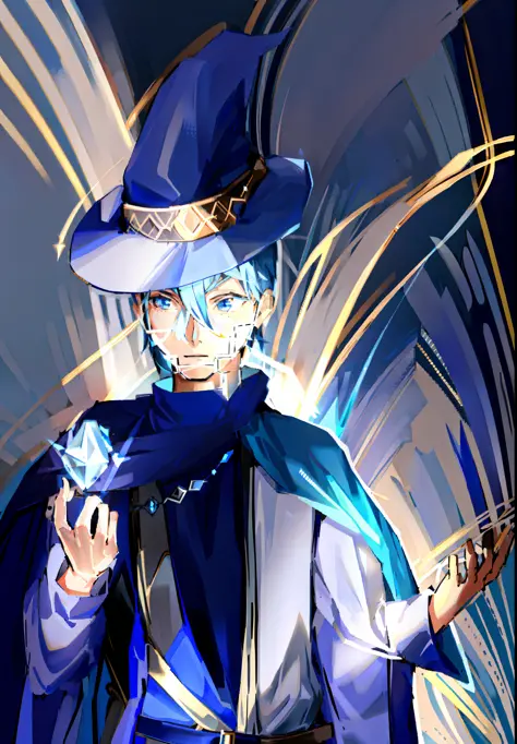 a drawing of a man in a blue hat and cape, wizard pondering his orb, young wizard, t-pose of wizard, male mage, ice mage, a sorc...