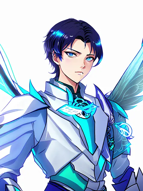 anime character with wings and a blue collar, a human male paladin, lance, pale blue armor, young wan angel, character art close...