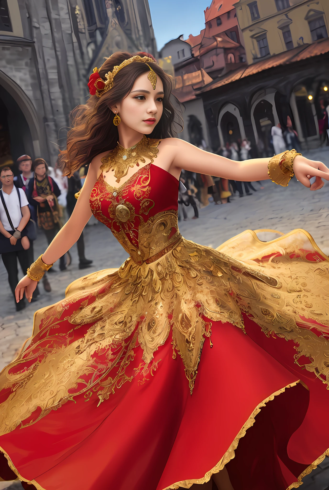 (masterpiece, best quality, realistic),
1girl,Prague Old Town Square background, gypsy dress, dancing, intricately hyperdetailed dress, dark red dress, gold, gypsy person, banquet, crowd, picking up skirt,pale skin,
[slight smile],