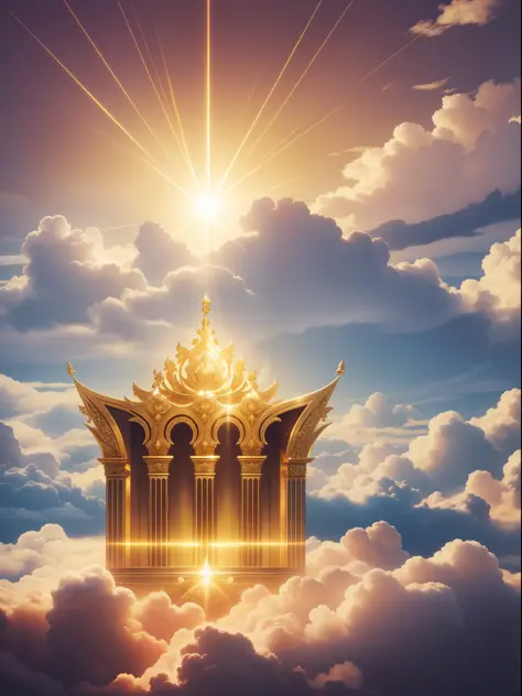 "Golden throne floating on white and golden clouds, lots of light."