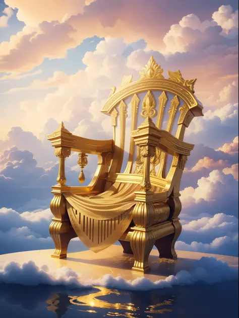"Golden throne floating on white and golden clouds, lots of light."