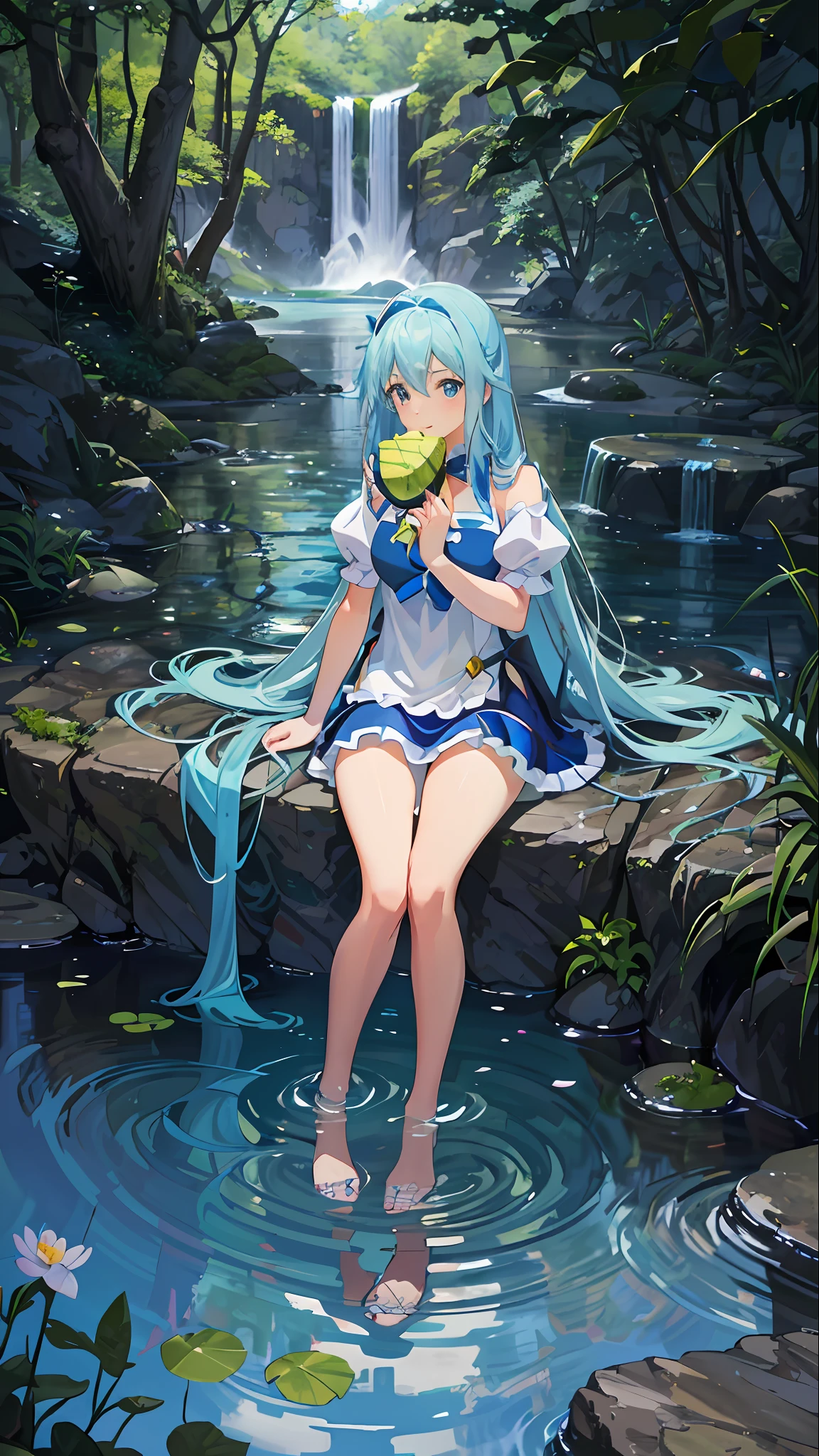 Anime girl sitting in a pond with a frog in her hand - SeaArt AI