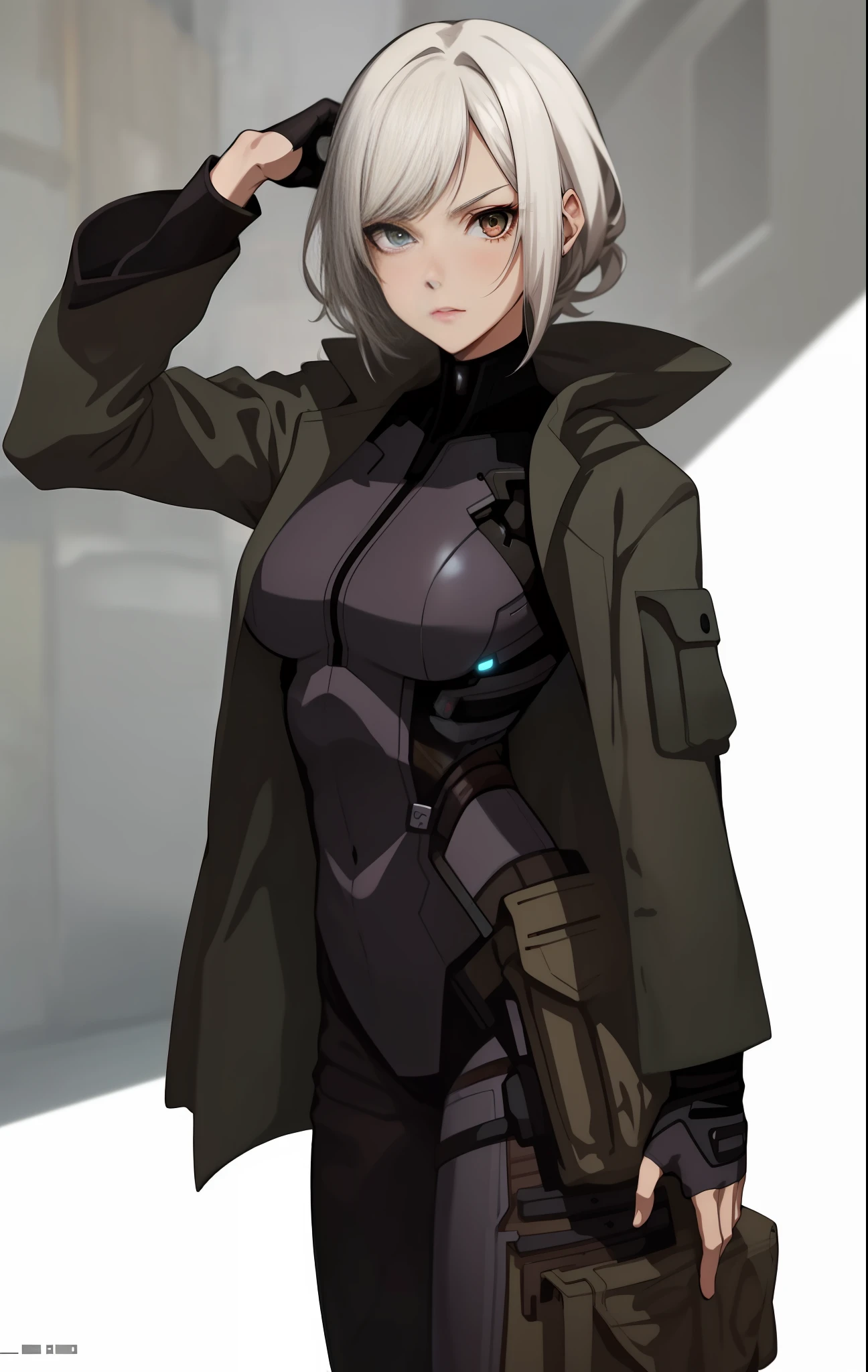 1girl. Female Wallace. Breen, Anime Gijinka, (Aesthetic Face), (Moe Girl), Brown Suit, White hair, Large breasts, (Character Design), (Solid Backgroud), (masterpiece:1.2), (best quality:1.3), Half-Life.