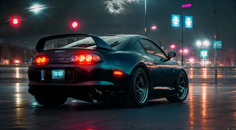 anime car in the night in the rain, cyberpunk art style, art deco beyond anime aesthetics, dammanford. 8 k octane rendering, cyb...