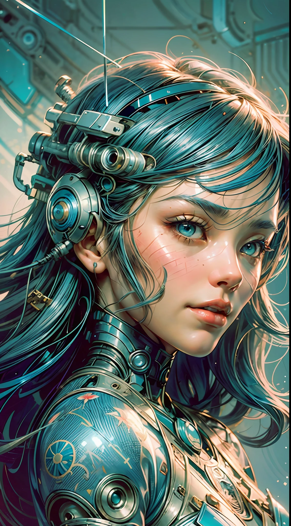 painting of a cyborg woman with a blue hair and a flower in her hair with cyber arms de costas, artgerm and james jean, anna dittmann alberto vargas, in style of anna dittmann, beautiful retro art, a beautiful artwork illustration, inspired by James Jean, james jean and wlop, james jean soft light 4 k, james jean soft light 4k, beautiful digital artwork