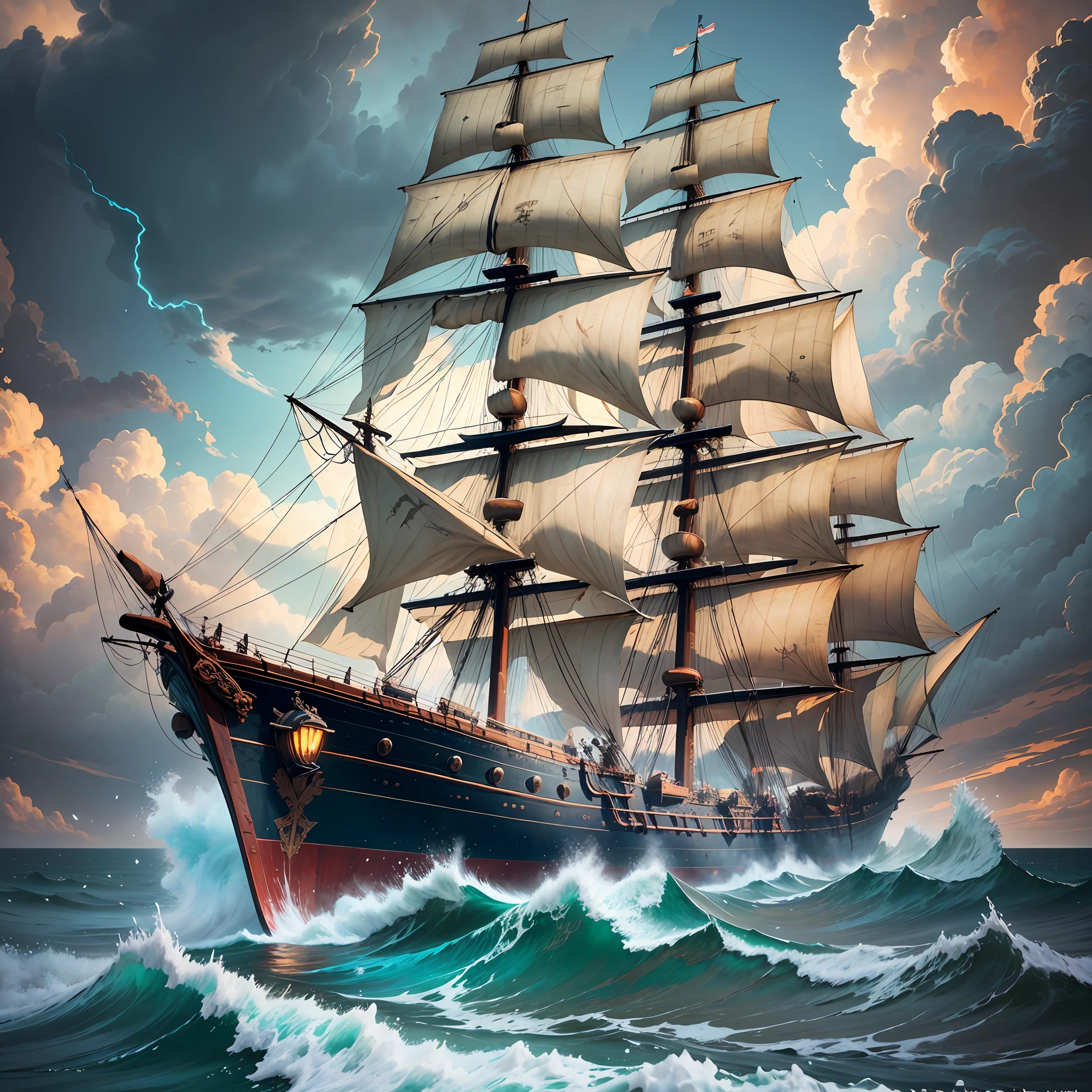 large three-masted ship under a pirate flag rising up, front view, storm,  foam on the waves, sky from orange to dark blue - SeaArt AI