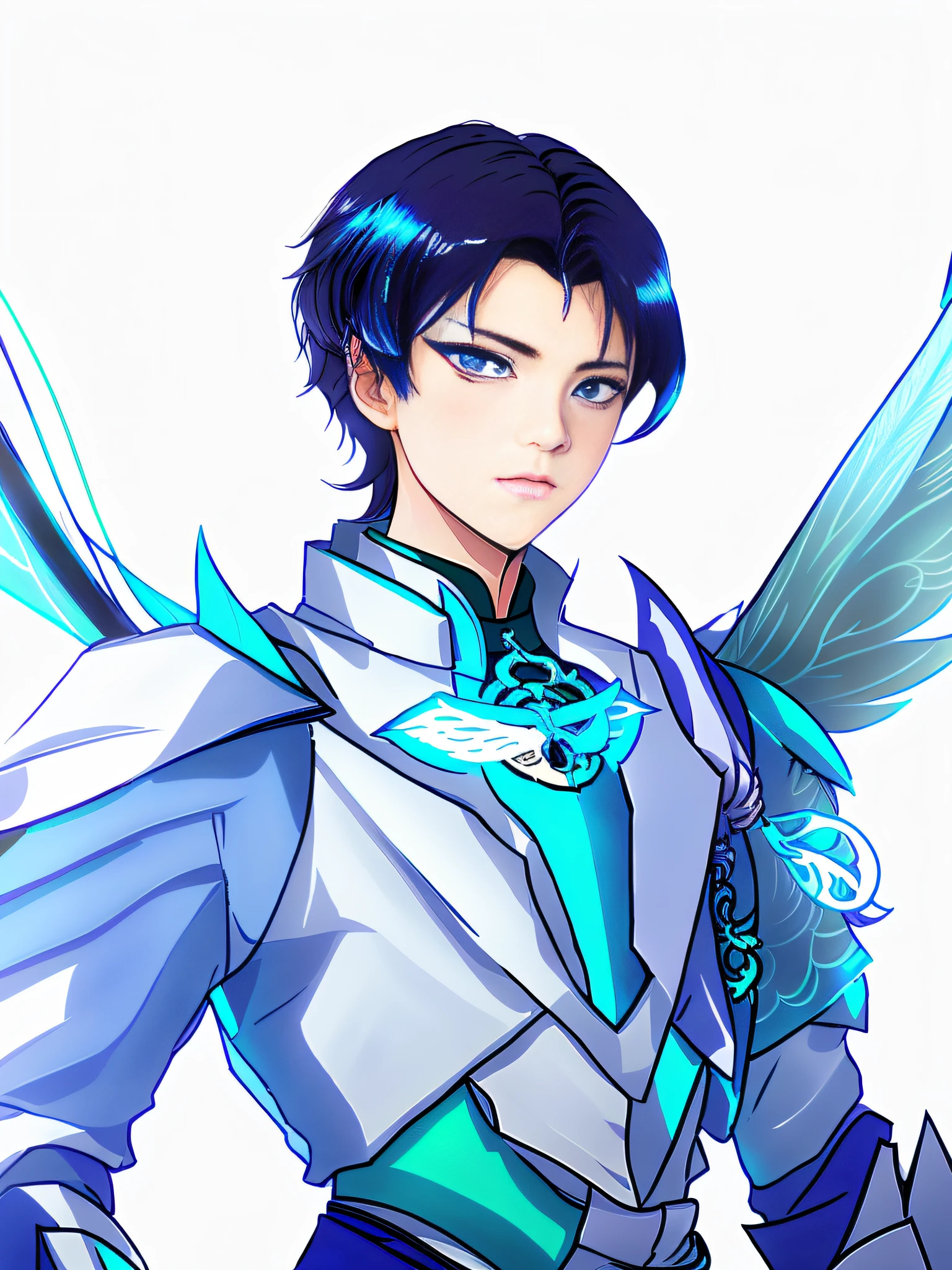 Anime characters with blue hair and wings in white costumes, Jin Yao Hirase, young Wanji, beautiful androgynous prince, Zhao Yun, inspired by Bian Shoumin, tall anime man with blue eyes, handsome guy in demon killer art, exquisite androgynous prince, detailed fanwork, Keqing from Genshin Impact, highly detailed exquisite fanwork, exquisite facial features, correct shape, good-looking color matching, 4k, 3D, the best quality, delicate line drawings, the most details