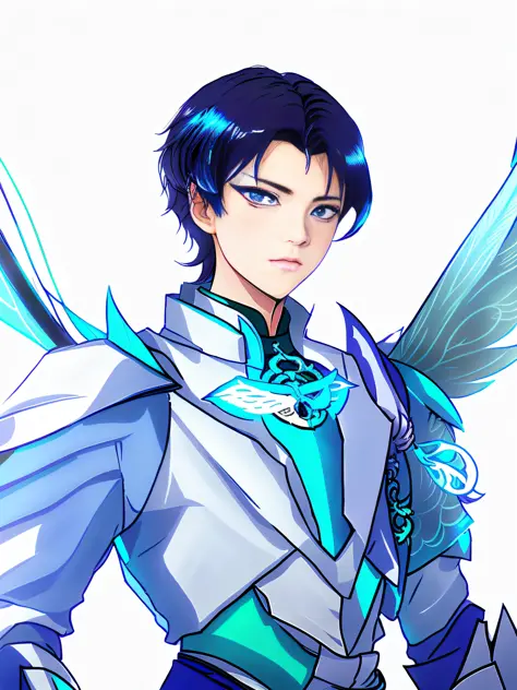 anime characters with blue hair and wings in white costumes, jin yao hirase, young wanji, beautiful androgynous prince, zhao yun...