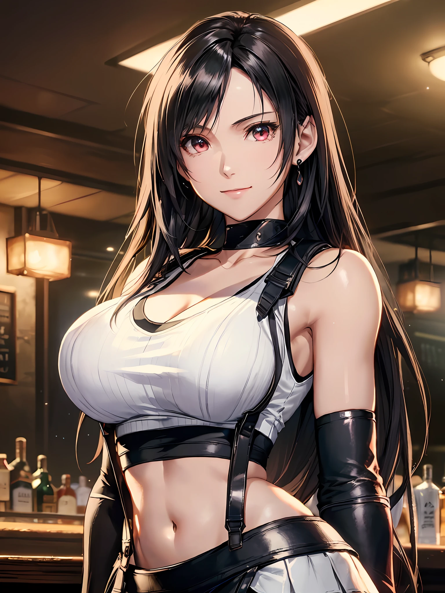 8k,masterpiece, bset quality,big, (1 girl), tifa lockhart, red_eyes, black hair, long hair, shiny skin, shiny big, ((best quality)), crisp focus: 1.2, highly detailed face and skin texture, detailed eyes, perfect face, perfect body, art, cg, blur background, big with presence, (20yo, Mature cool and beautiful face), wearing ((suspender black skirt), black elbow gloves, white taut shirt, thigh, white tank top, navel, jukebox, old bar, upper body, smile,