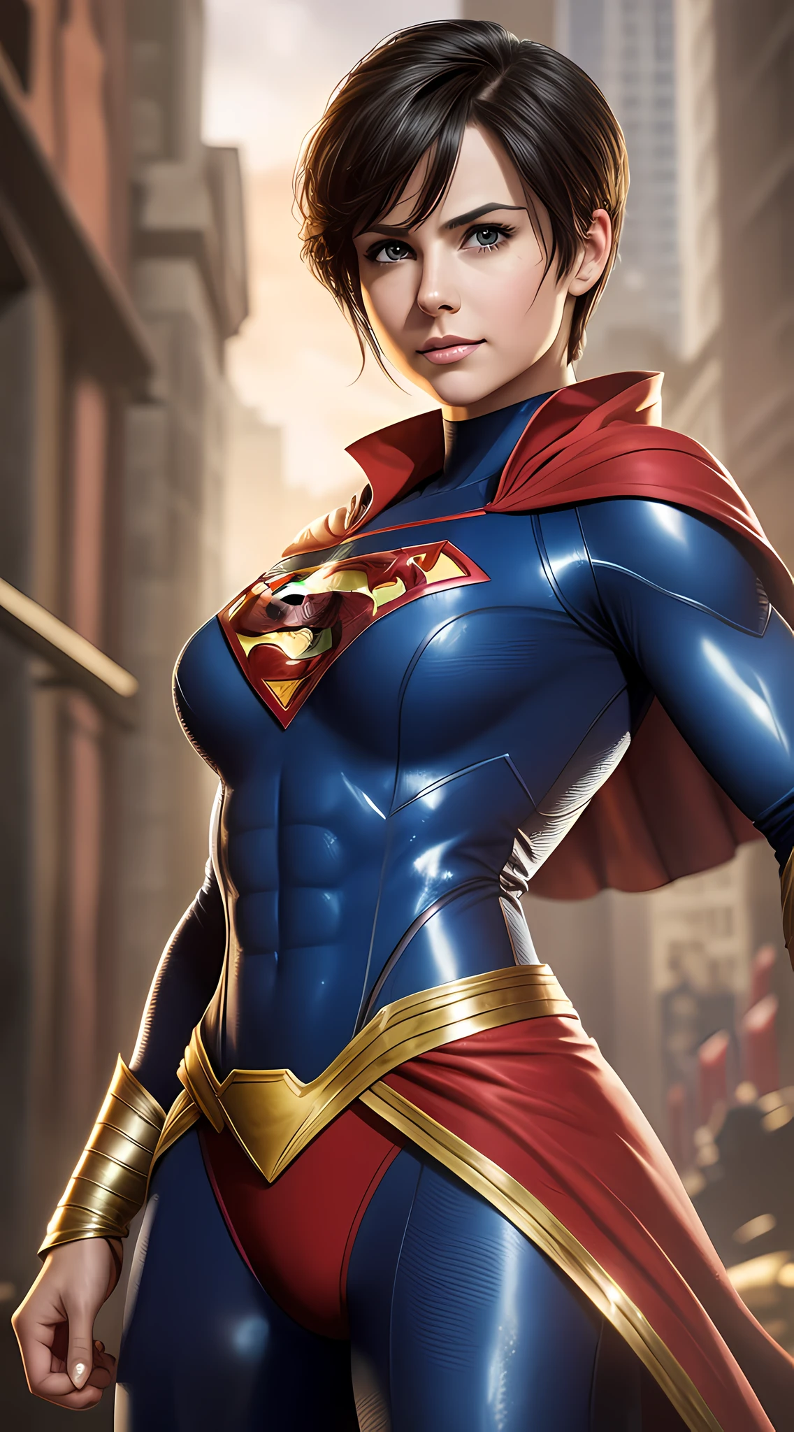 A woman in a superman costume standing in a city - SeaArt AI